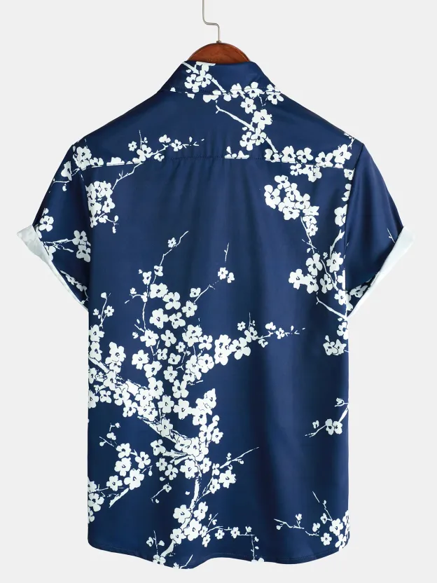 Men's Casual Cherry Blossom Silhouette Print Lapel Short Sleeve Shirt