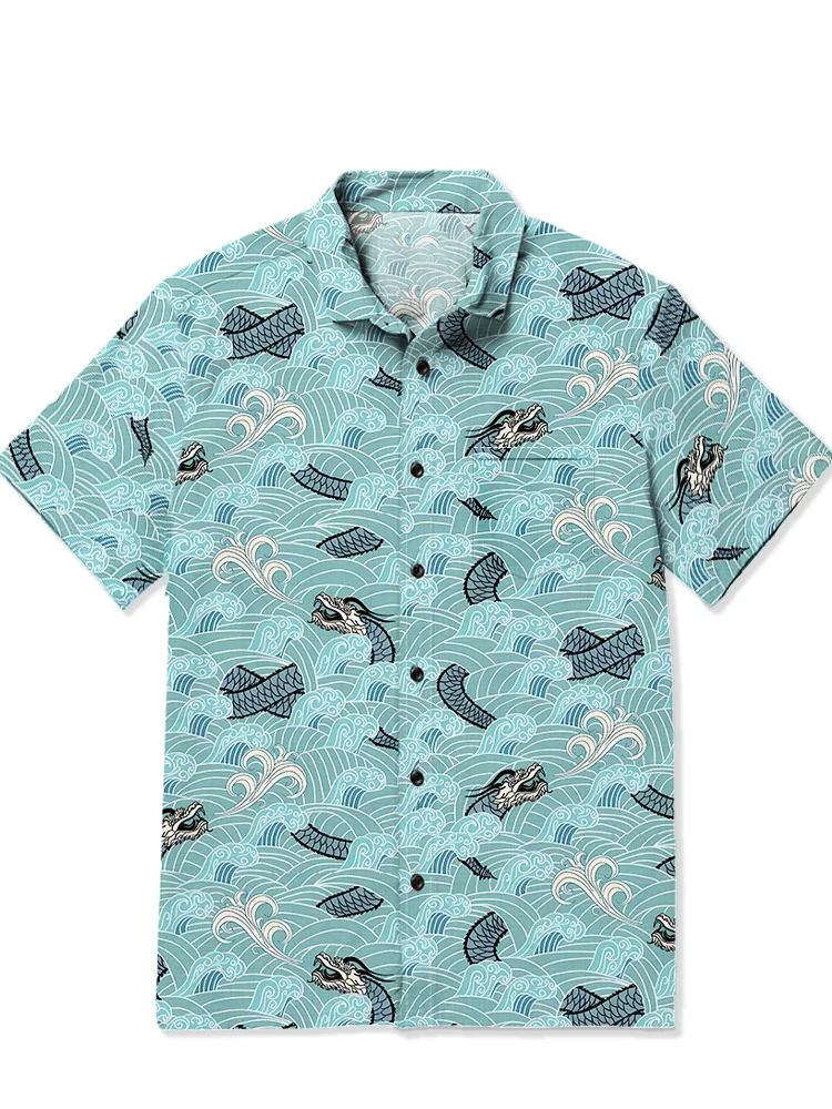 Men's retro wave dragon printed Hawaiian short sleeved shirt