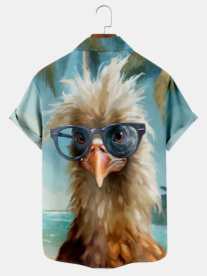 Men's Casual Resort Glasses Chicken Print Lapel Short Sleeve Shirt