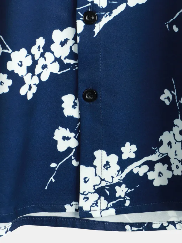 Men's Casual Cherry Blossom Silhouette Print Lapel Short Sleeve Shirt