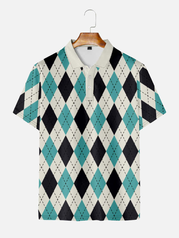 Men's Blue Checkered Short Sleeve Polo Shirt