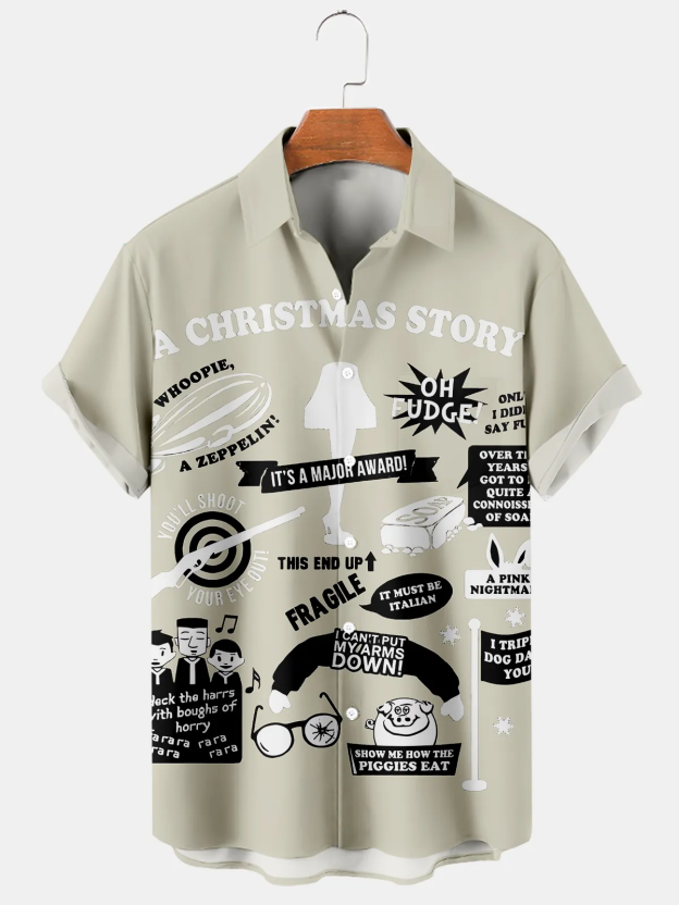 Men's Christmas Vintage Poster Christmas Story Print Casual Short Sleeve Shirt 0374