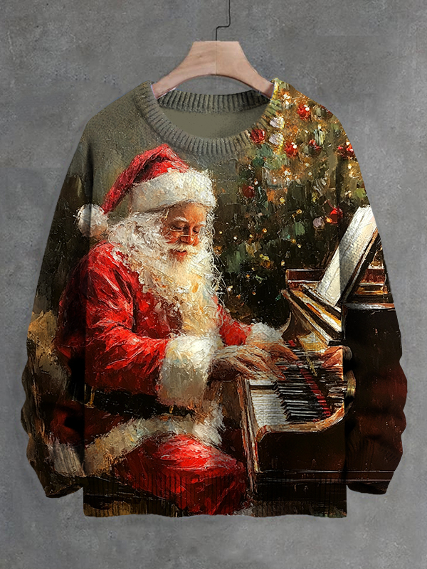Men's Santa Claus Playing Piano Oil Painting Print Knit Sweatshirt