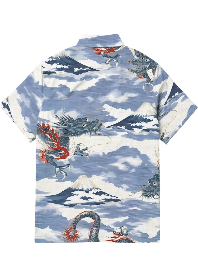 Men's Oriental Cloud and Mist Mountain Dragon Printed Hawaiian Short sleeved Shirt