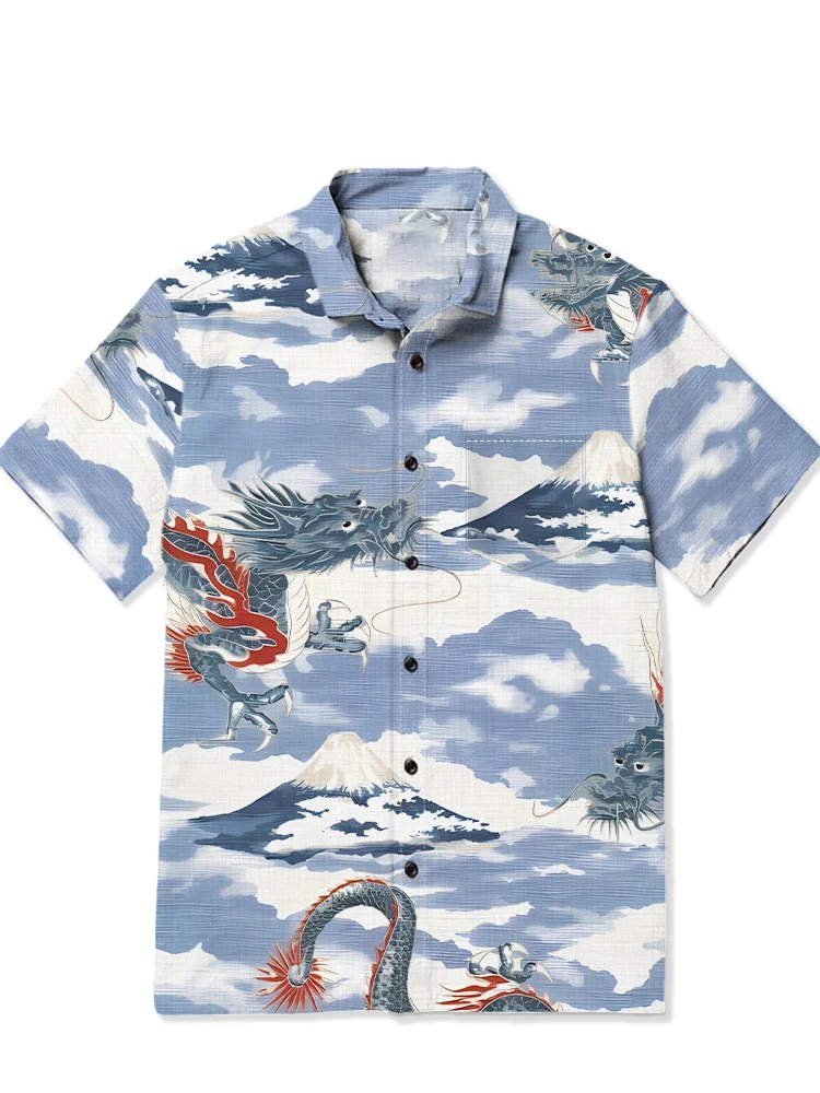 Men's Oriental Cloud and Mist Mountain Dragon Printed Hawaiian Short sleeved Shirt