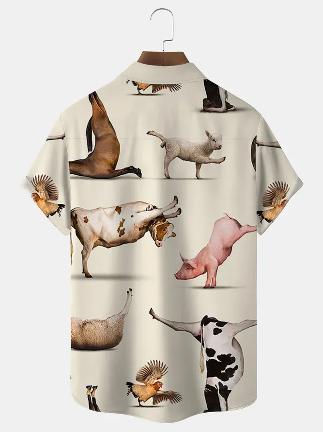 Men's Casual Animal Farm Print Lapel Short Sleeve Shirt