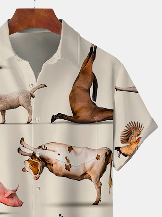 Men's Casual Animal Farm Print Lapel Short Sleeve Shirt