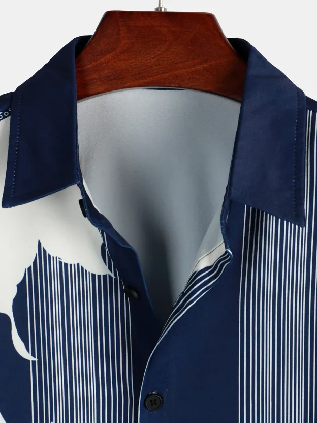 Men's Casual Striped Floral Print Lapel Short Sleeve Shirt