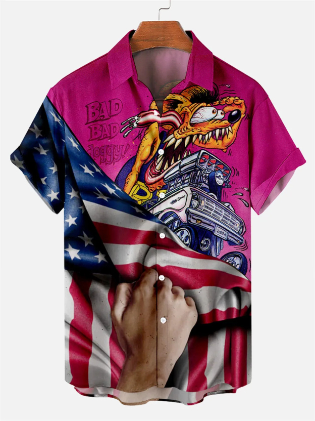 Men's Nostalgic Anime Character Retro Car Short Sleeve Shirt