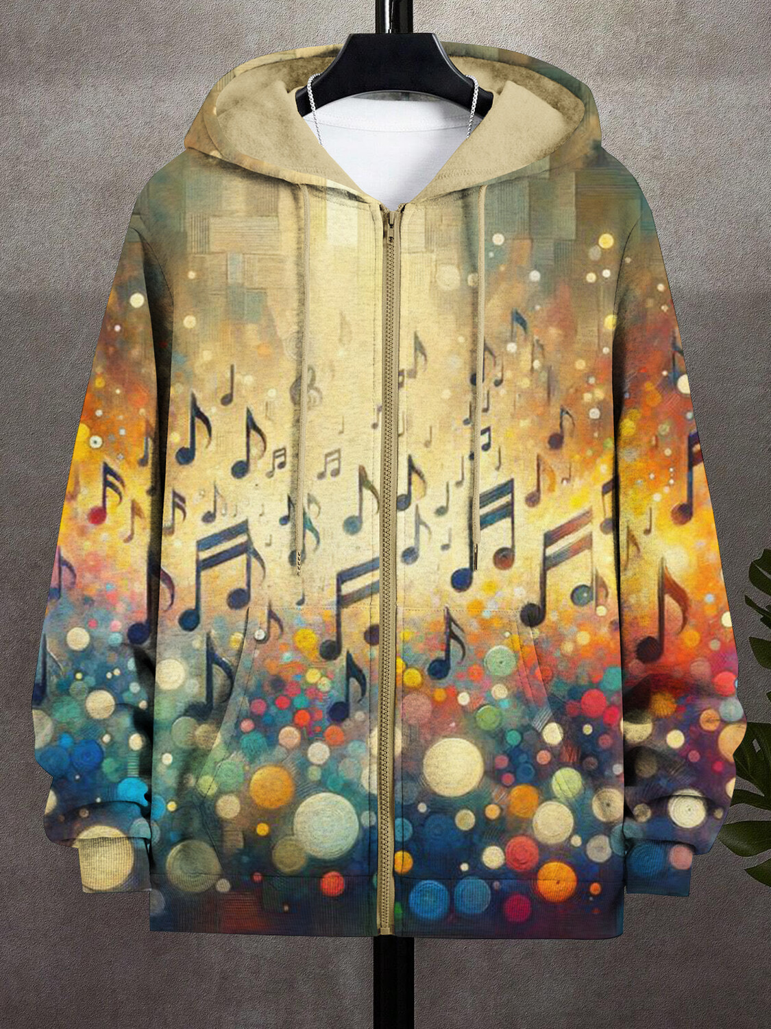 Men's Christmas Atmosphere Music Notes Print Hooded Zip Up Jacket