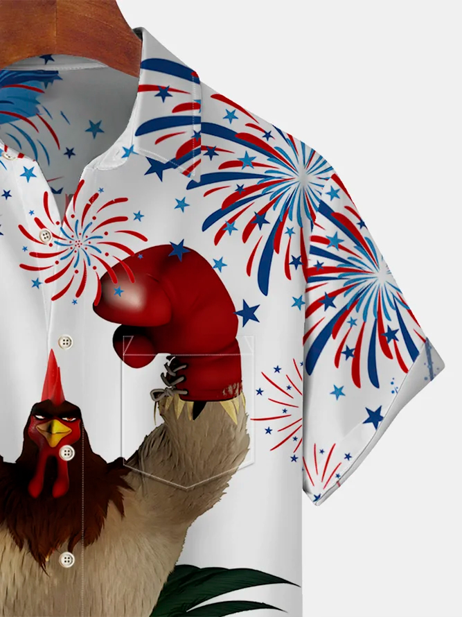 Men's Casual Champion Rooster Printed Lapel Short Sleeve Shirt