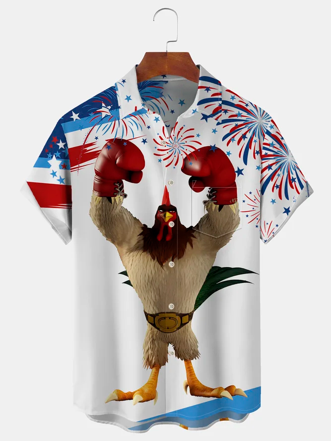 Men's Casual Champion Rooster Printed Lapel Short Sleeve Shirt