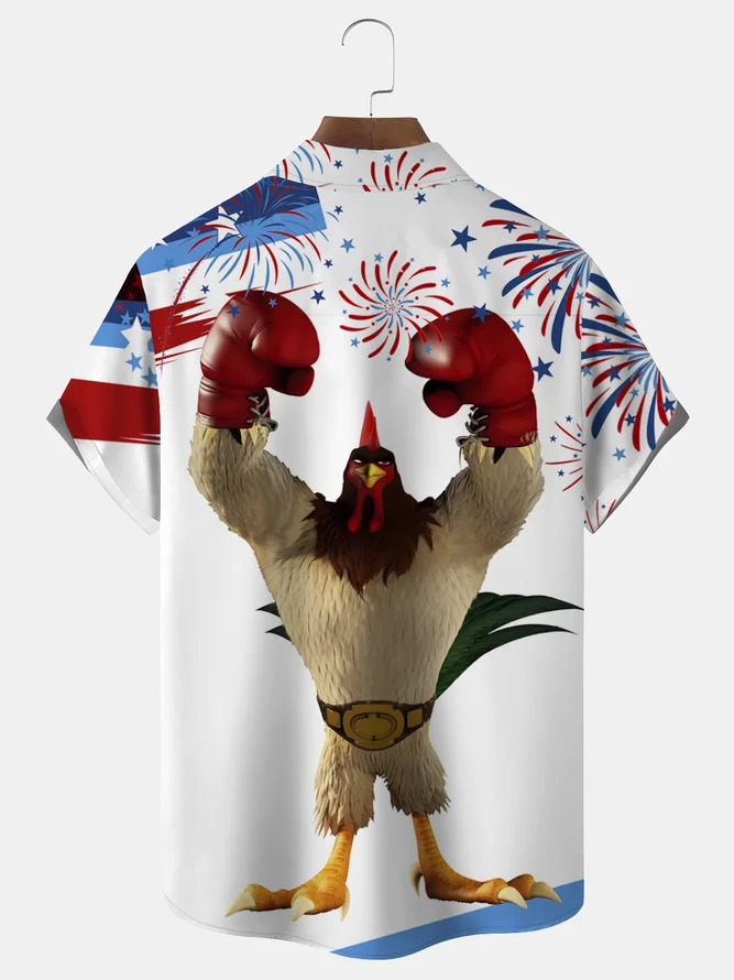 Men's Casual Champion Rooster Printed Lapel Short Sleeve Shirt