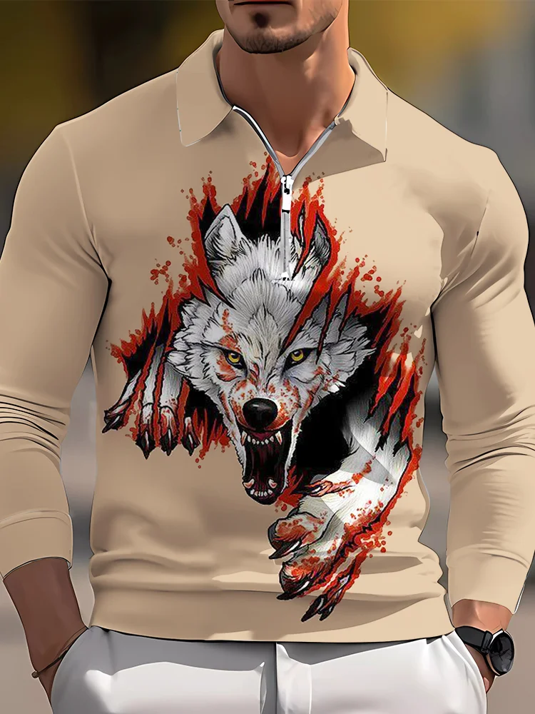 Men's casual art graphic zip long sleeve polo shirt