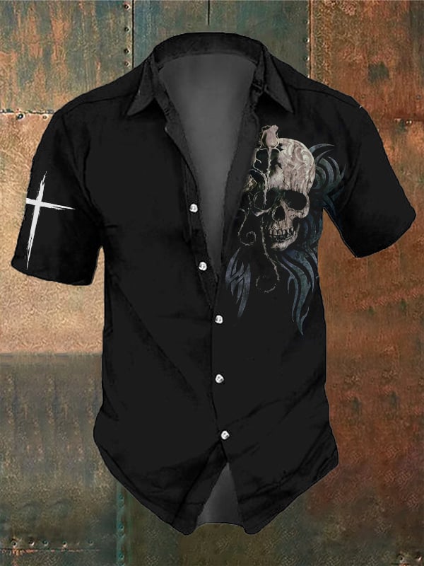 Men's Retro Dark Skull Casual Short Sleeve Shirt