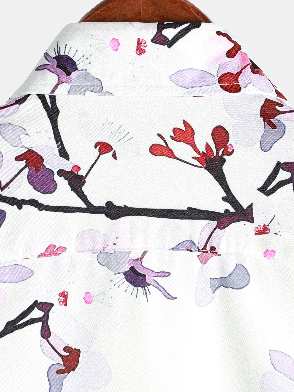 Men's Casual Cherry Blossom Print Lapel Short Sleeve Shirt