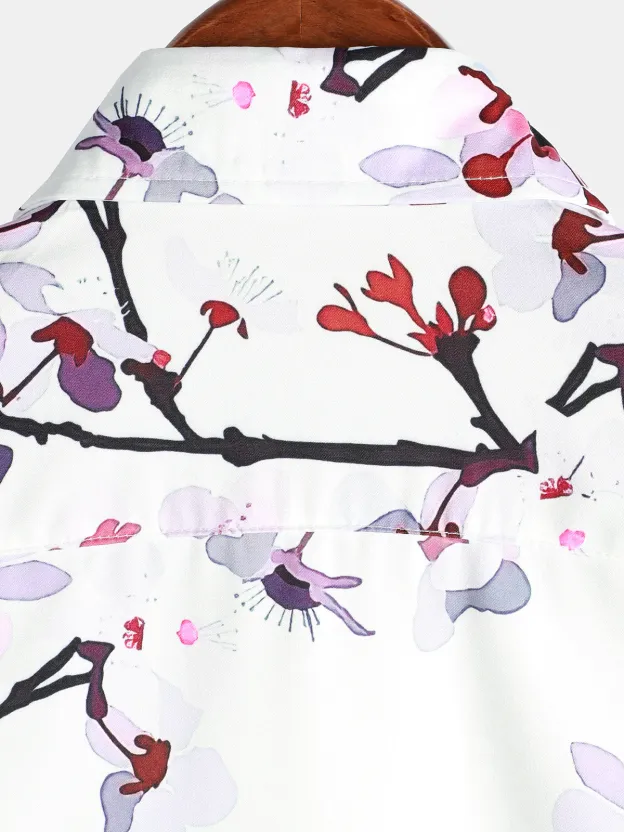Men's Casual Cherry Blossom Print Lapel Short Sleeve Shirt