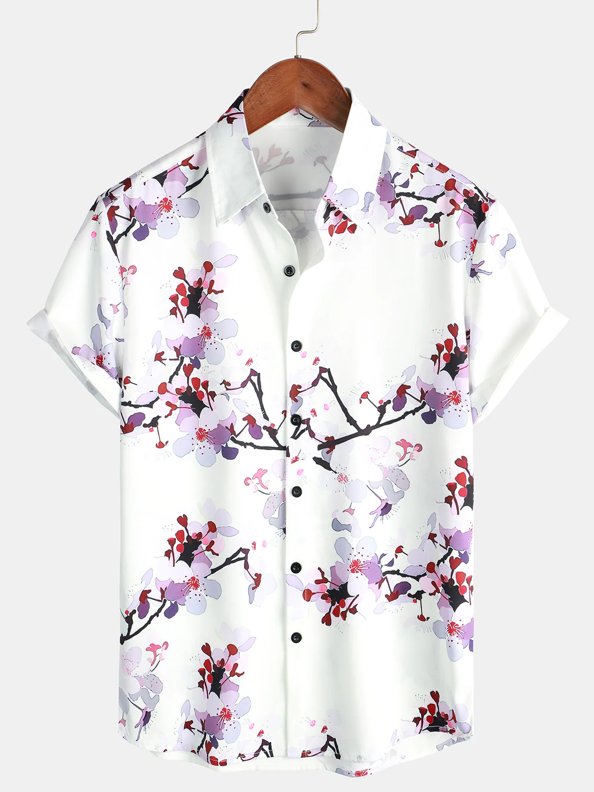 Men's Casual Cherry Blossom Print Lapel Short Sleeve Shirt