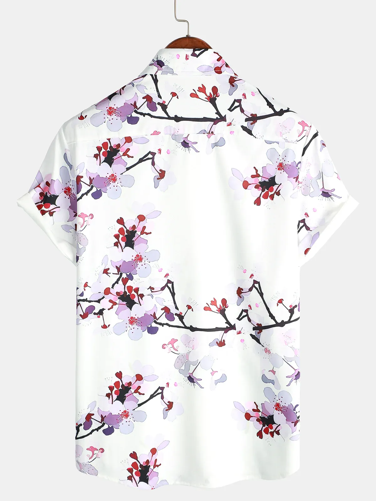 Men's Casual Cherry Blossom Print Lapel Short Sleeve Shirt