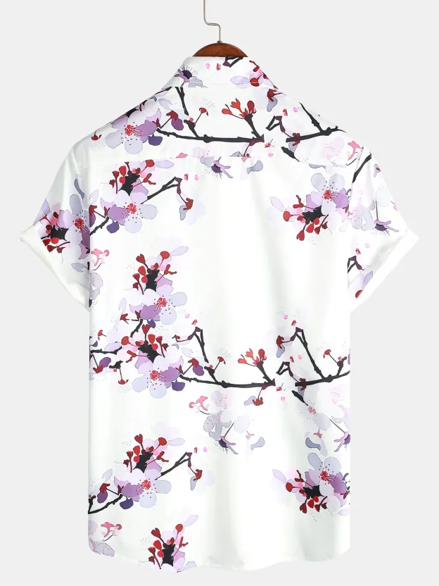 Men's Casual Cherry Blossom Print Lapel Short Sleeve Shirt