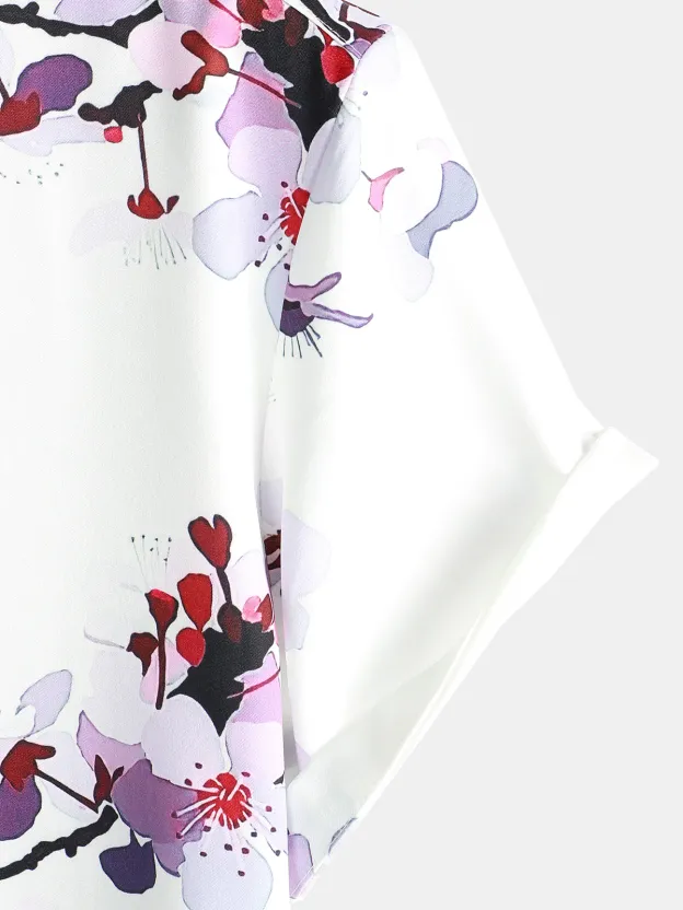 Men's Casual Cherry Blossom Print Lapel Short Sleeve Shirt