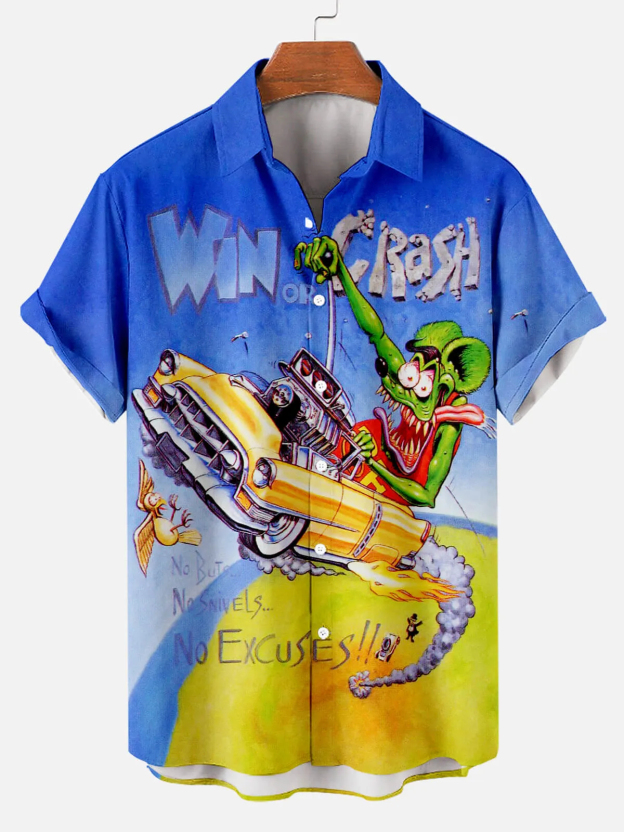 Men's Nostalgic Anime Character Retro Car Short Sleeve Shirt