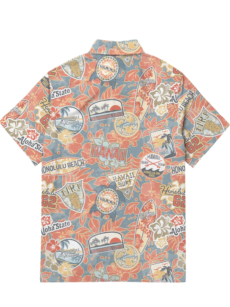 Men's retro Hawaiian printed short sleeved pocket shirt