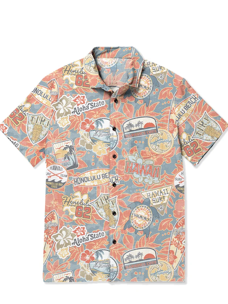 Men's retro Hawaiian printed short sleeved pocket shirt