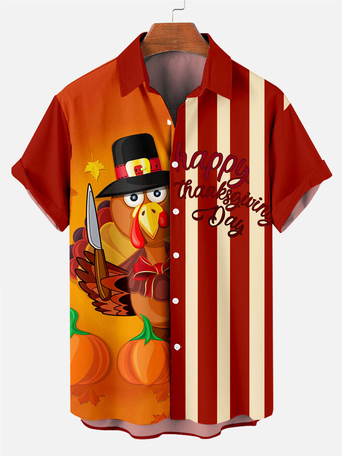 Men's Thanksgiving Creative Design Contrast Color Cartoon Turkey Pattern Short Sleeve Shirt