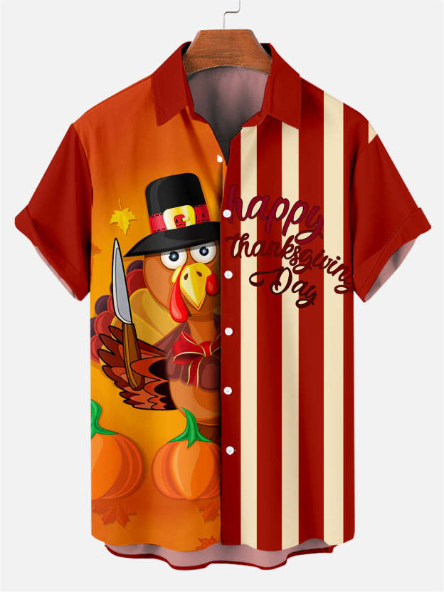 Men's Thanksgiving Creative Design Contrast Color Cartoon Turkey Pattern Short Sleeve Shirt