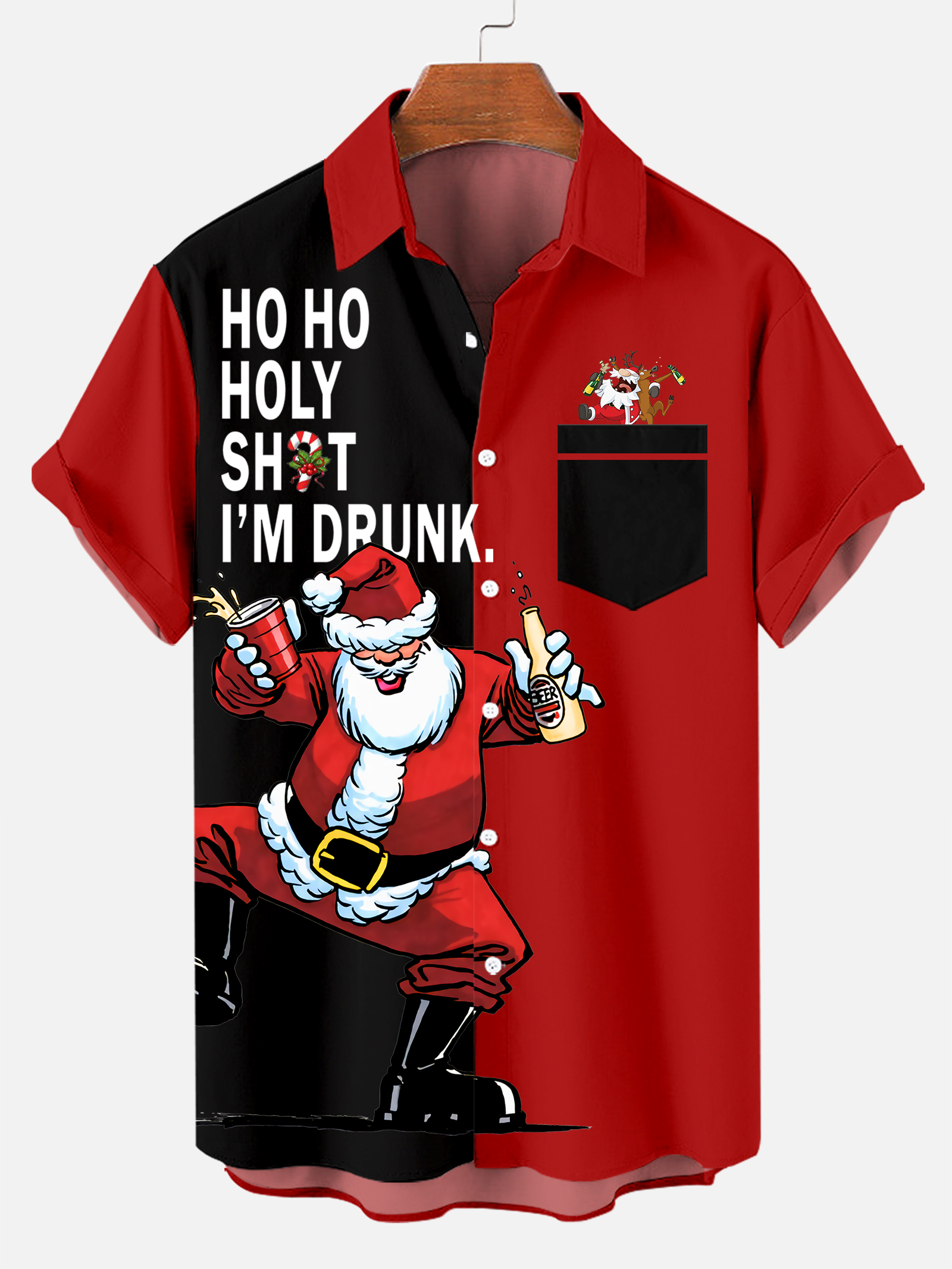 Men's Drink With Father Christmas Printed Short Sleeve Shirt  0324