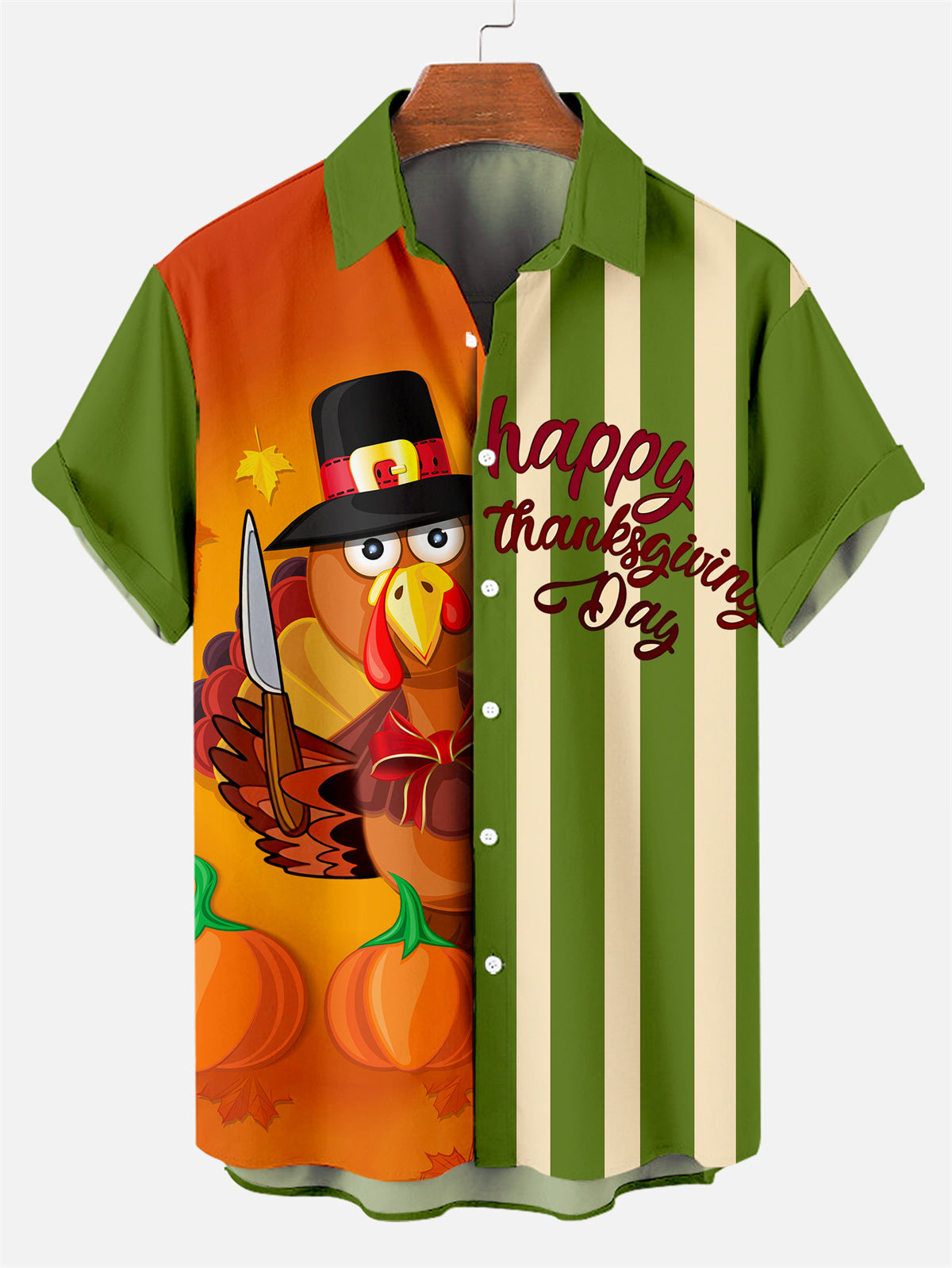 Men's Thanksgiving Creative Design Contrast Color Cartoon Turkey Pattern Short Sleeve Shirt