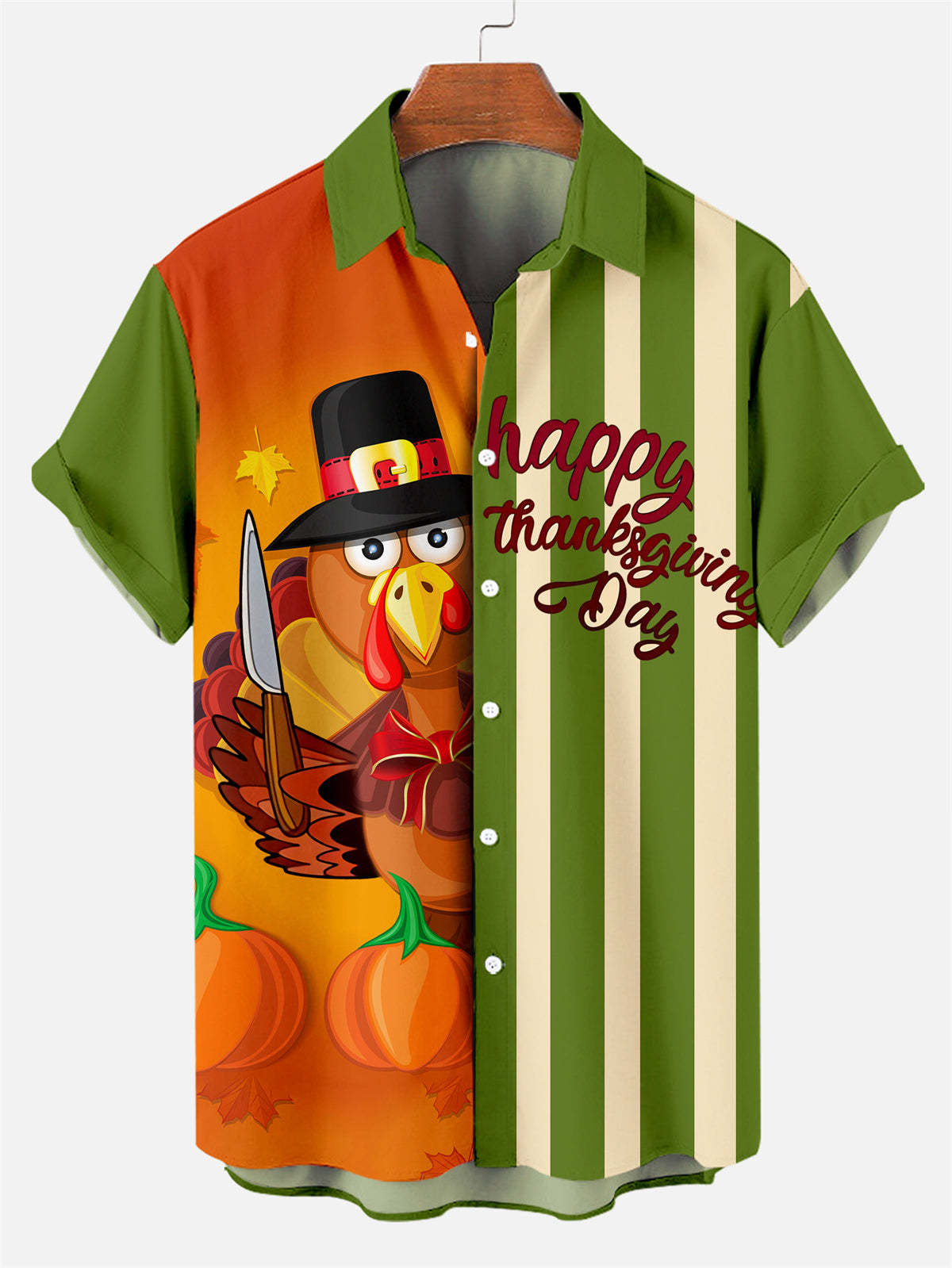 Men's Thanksgiving Creative Design Contrast Color Cartoon Turkey Pattern Short Sleeve Shirt
