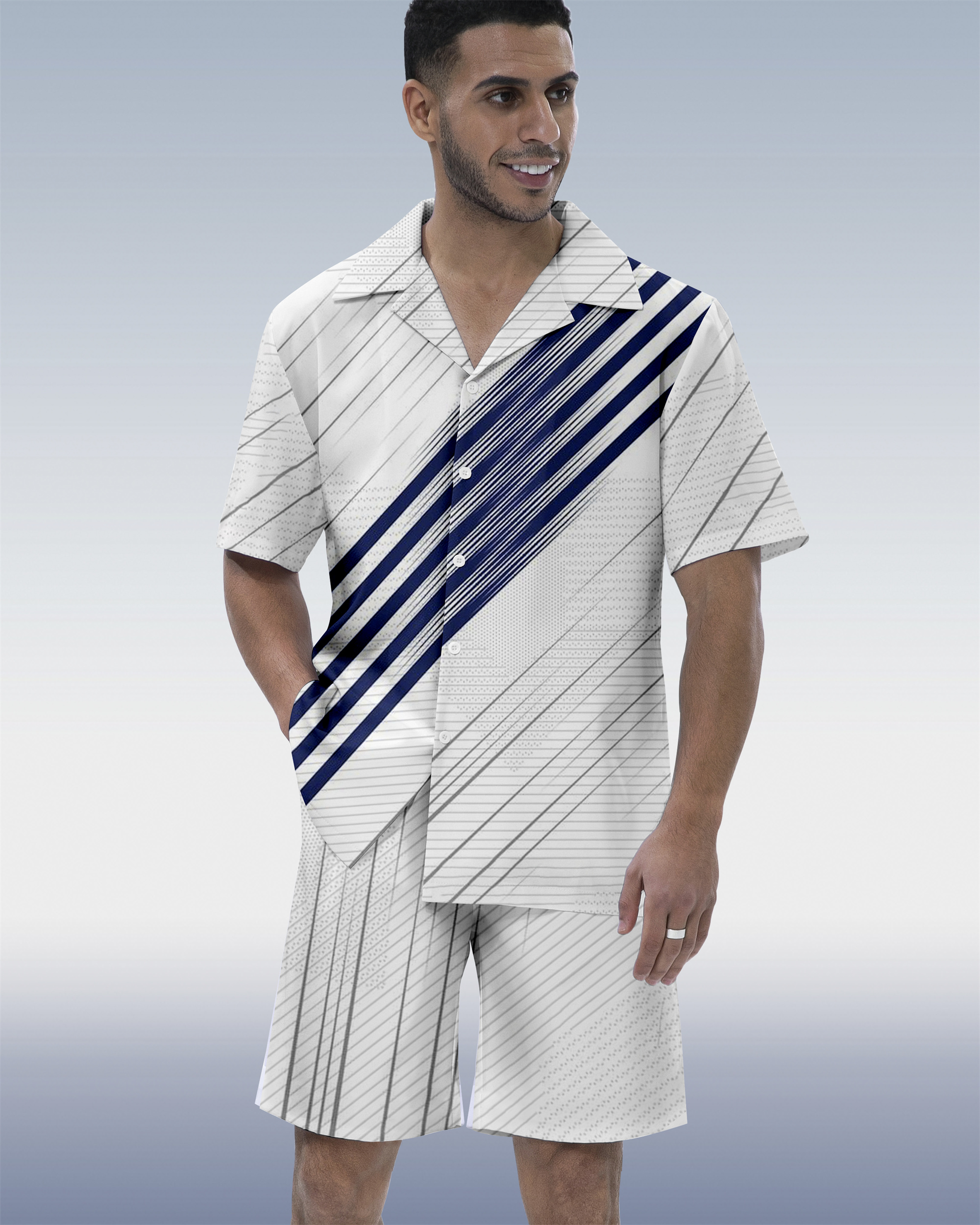 Men's Colorblock Geometric Hawaiian Cuban Collar Short Sleeve Shirt Set 02