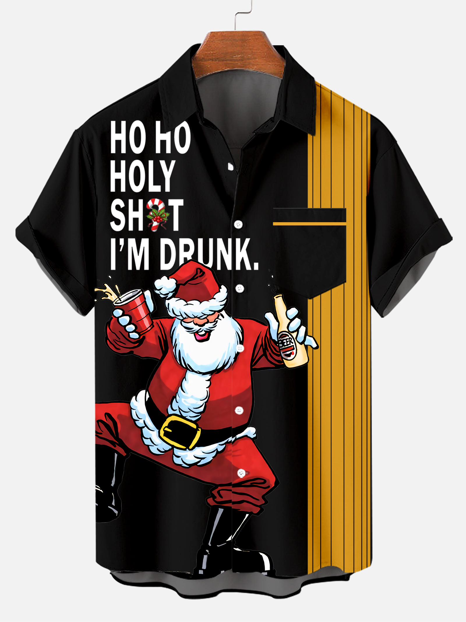Men's Drink With Father Christmas Printed Short Sleeve Shirt
