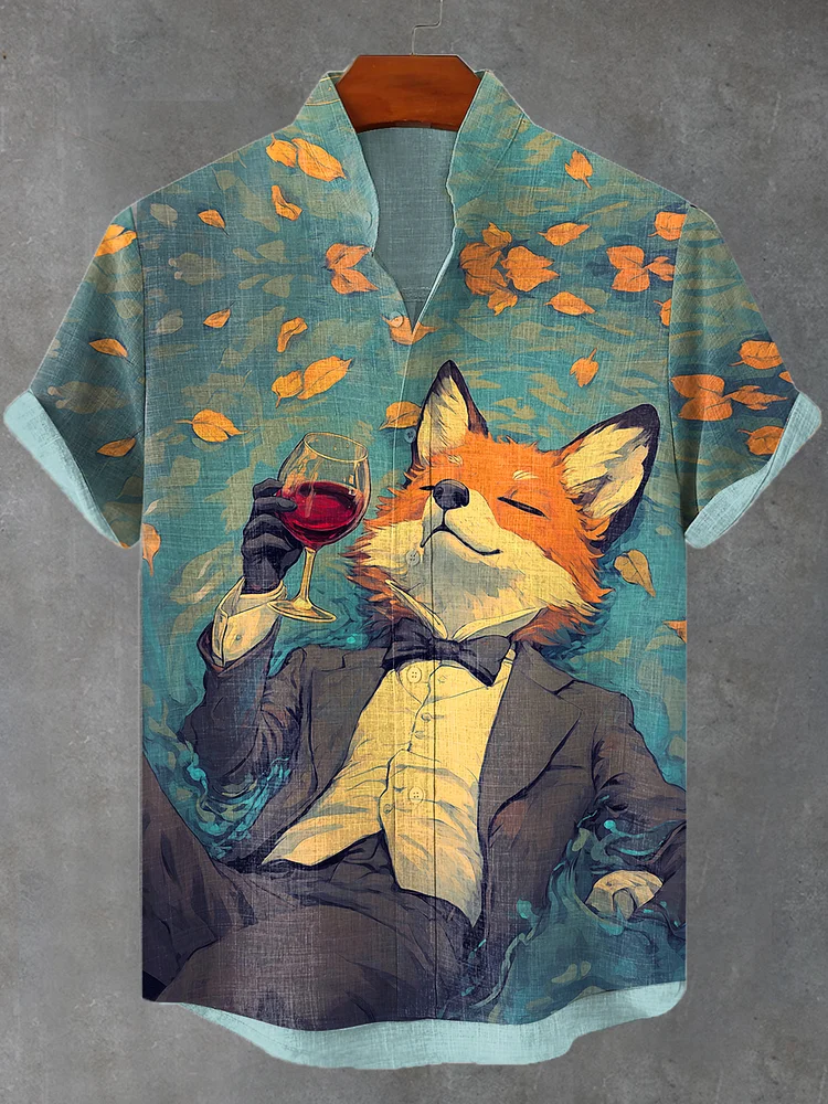 Men's Chilling Fox Forest Red Wine Oil Painting Print Shirt
