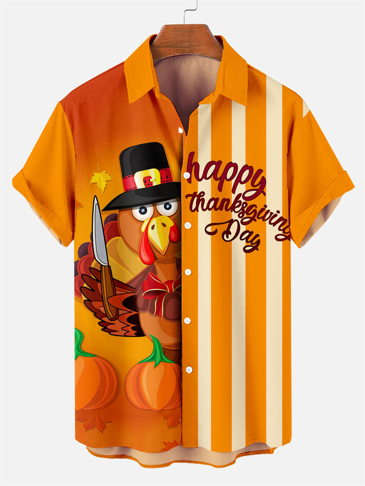Men's Thanksgiving Creative Design Contrast Color Cartoon Turkey Pattern Short Sleeve Shirt