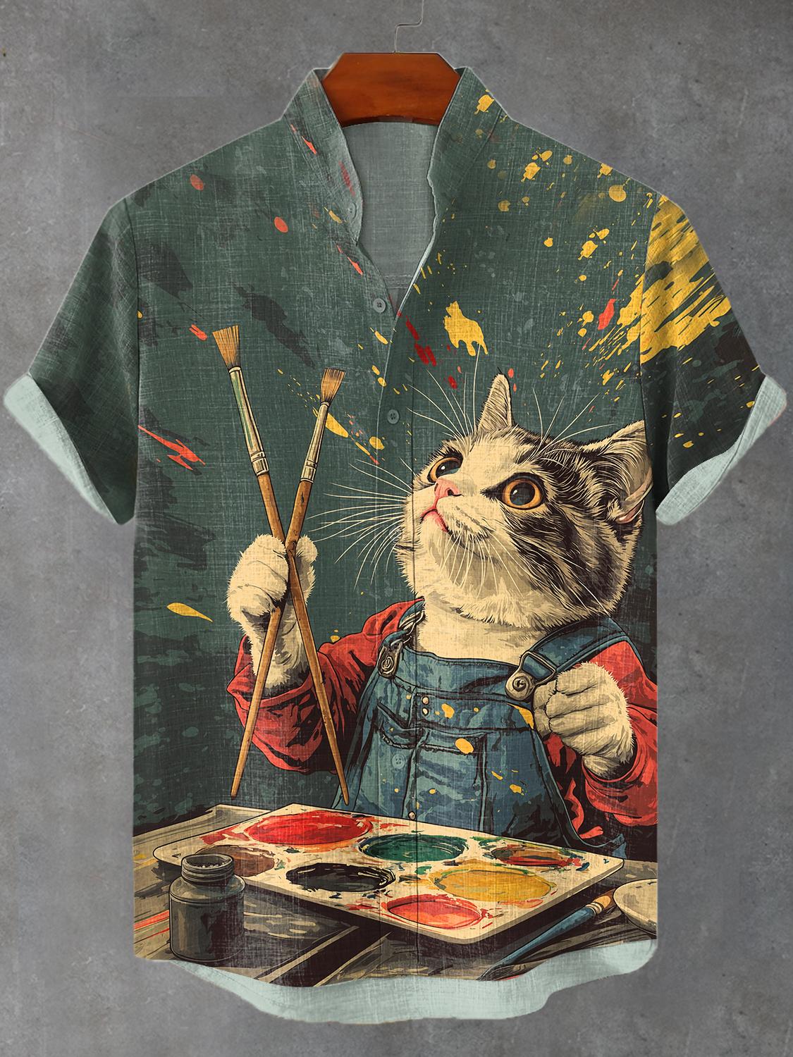 Men's Free Soul Cat Painter Splashing Ink Art Print Shirt