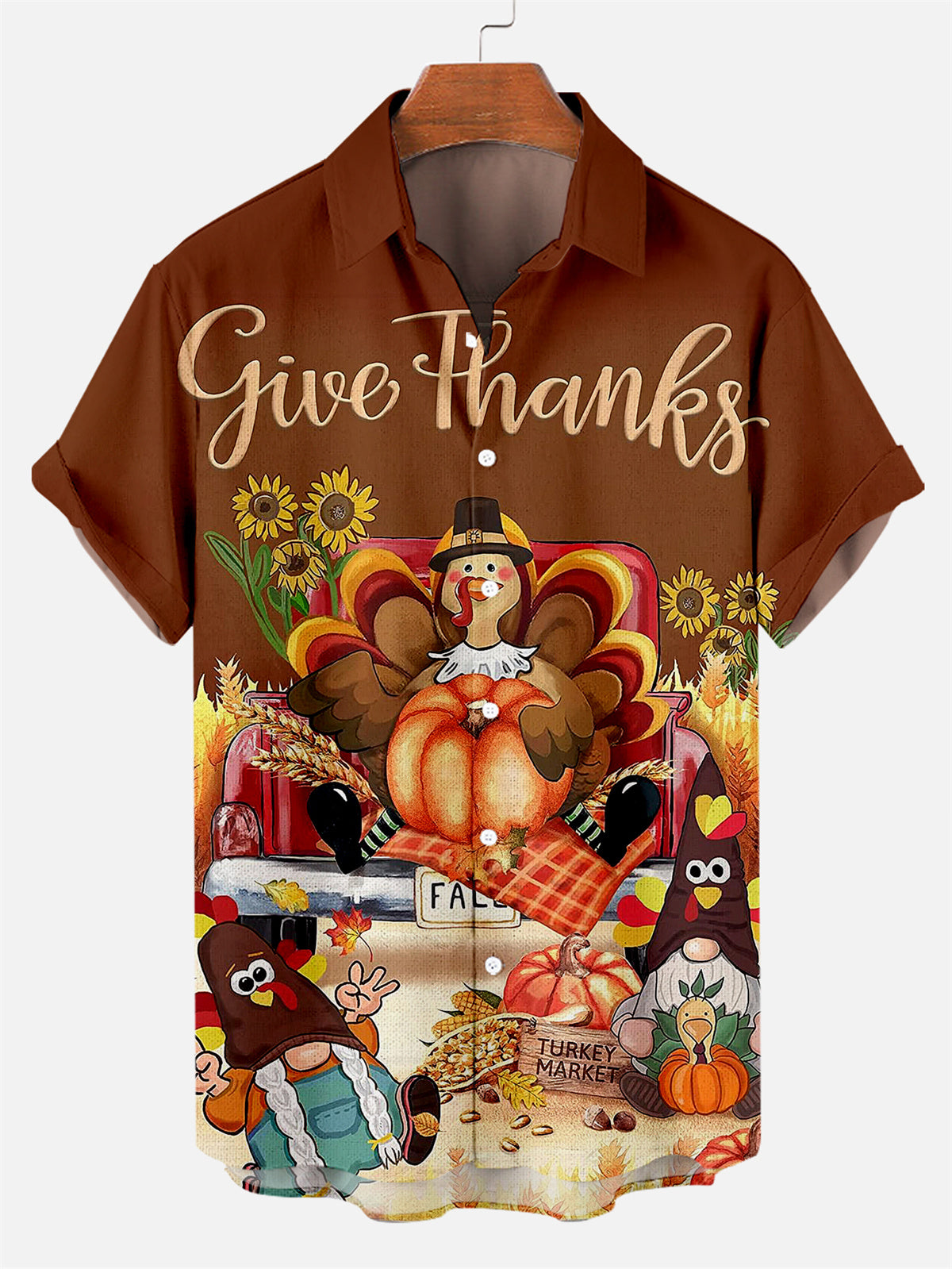 Men's Thanksgiving Creative Design Contrast Color Cartoon Turkey Pattern Short Sleeve Shirt