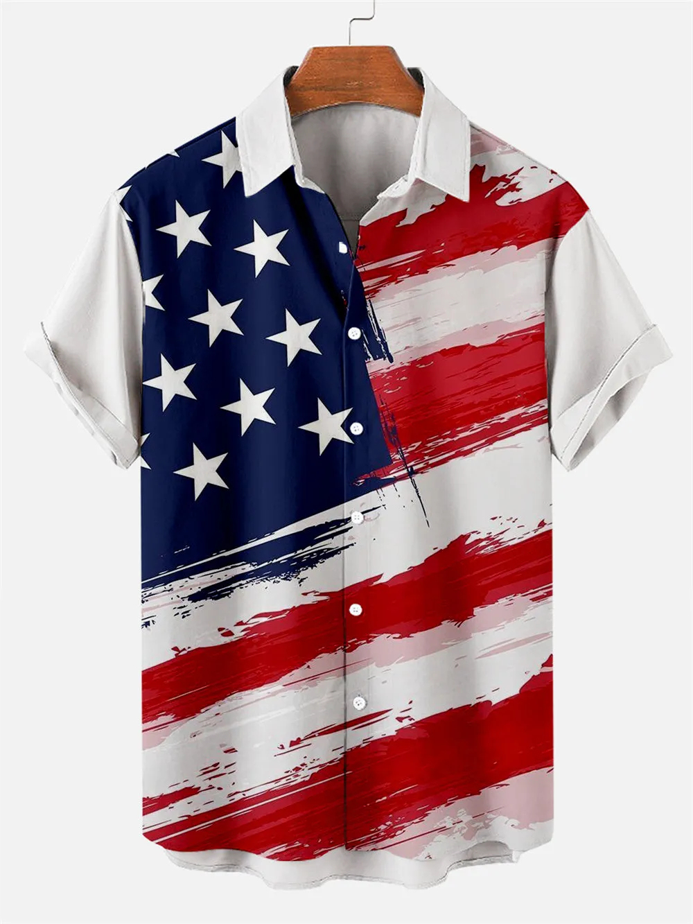 Men's Creative Hand Drawn American Flag Day Pattern Short Sleeve Shirt