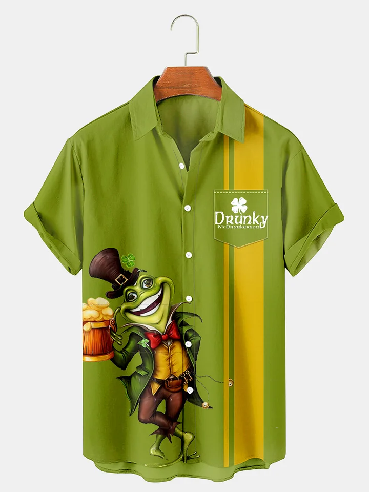 Men's Fun Frog Beer Saint Patrick Holiday Printed Pocket Shirt