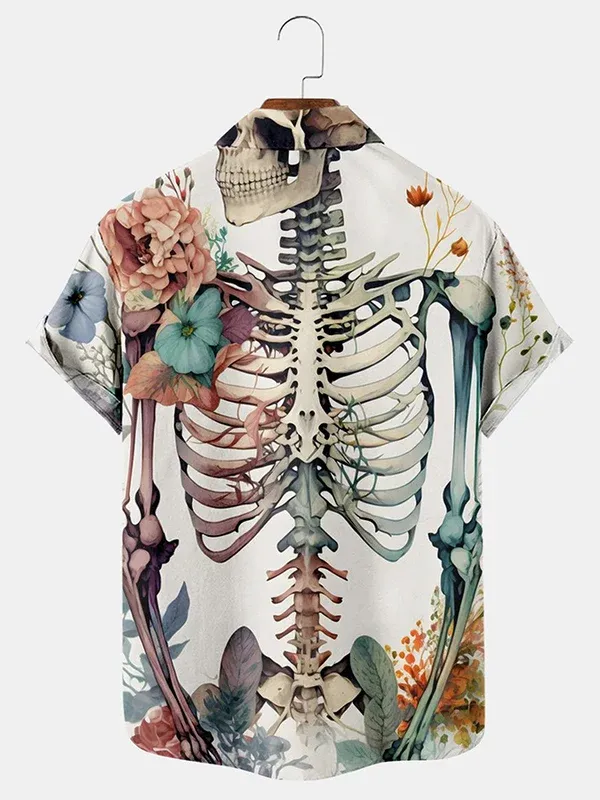 Men's casual skull frame flower short sleeved pocket shirt