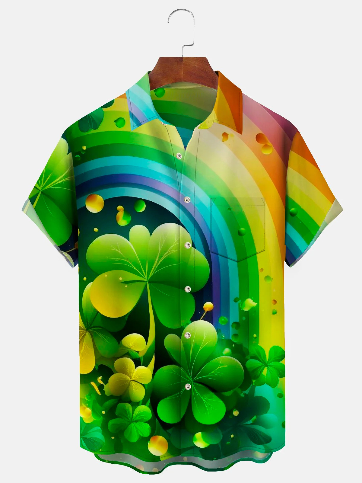 Men's Clover Rainbow Festival Print Casual Short Sleeve Pocket Shirt