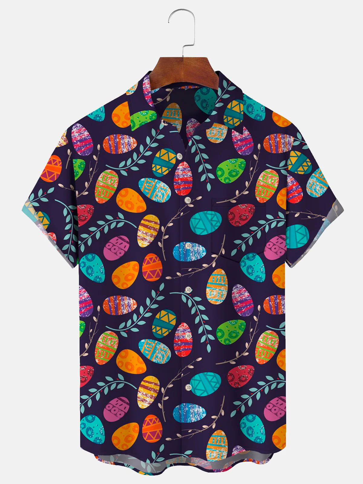 Men's Easter egg casual print collar pocket short sleeved shirt