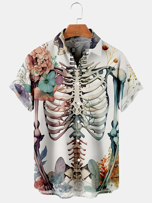 Men's casual skull frame flower short sleeved pocket shirt