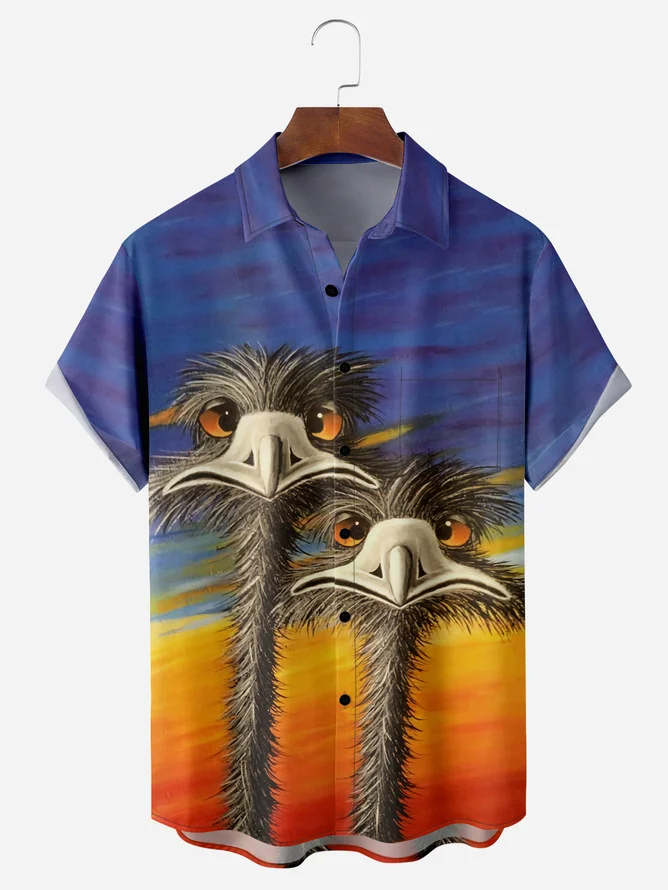 Men's fun sunset ostrich casual short sleeved pocket shirt