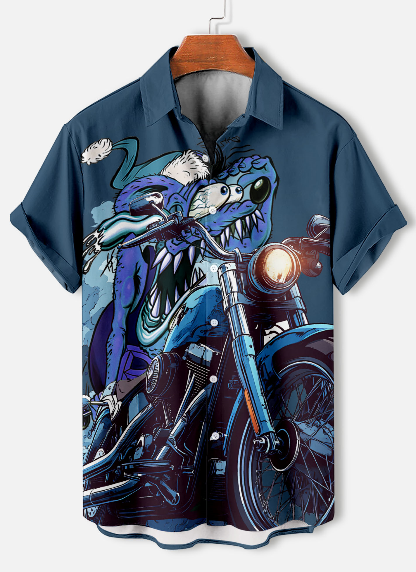Men's retro cartoon motorcycle element short-sleeved shirt
