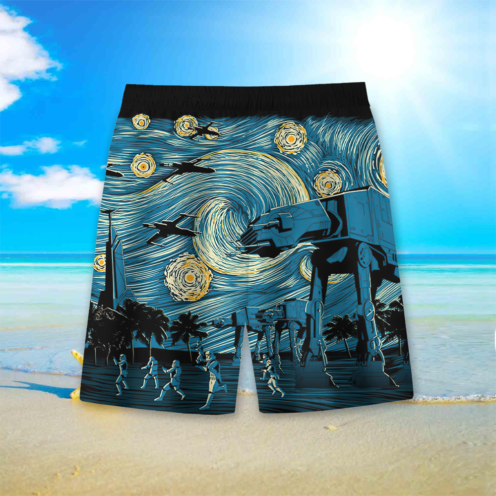 Men's Cartoon Space Wars Printed Pocket Beach Shorts