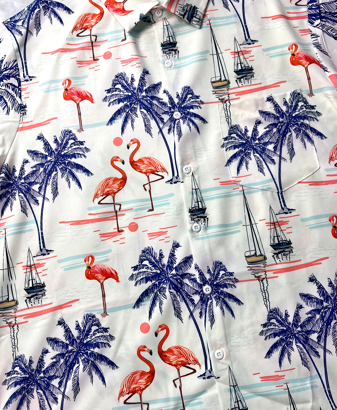 Men's Hawaiian Shirt, Tropical Flamingo Palm Tree Print, Short Sleeve Button Down, White
