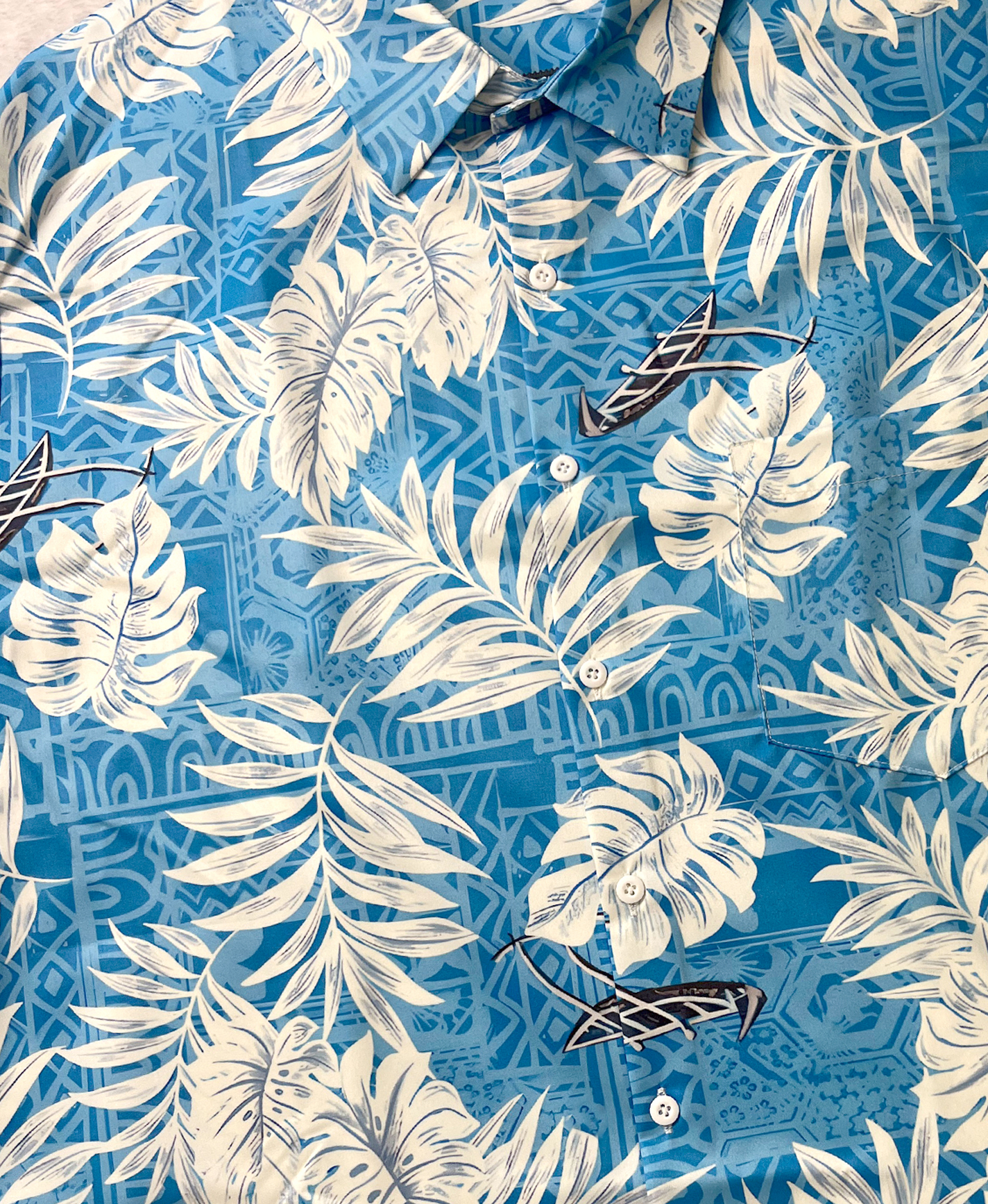 Men's Hawaiian Shirt, Short Sleeve Button Down, Tropical Palm Leaf Print, Blue and White